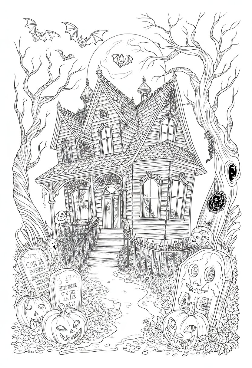 Halloween Coloring Pages for Adults: Intricate Spooky Designs to Print 22 A haunted house surrounded by bare trees, gravestones, bats flying in the sky, jack-o'-lanterns, a black cat on a fence, and swirling fog around the ground.